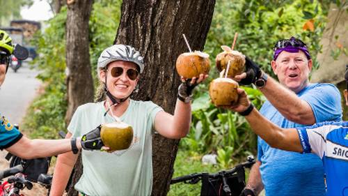 Coconut palms by water